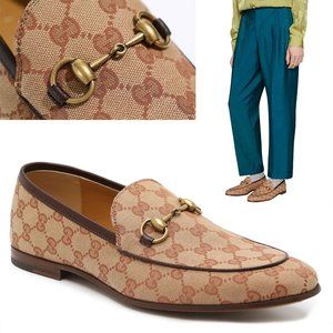 GUCCI SHOES MENS JORDAAN GG LOGO MONOGRAM CANVAS HORSEBIT LOAFERS